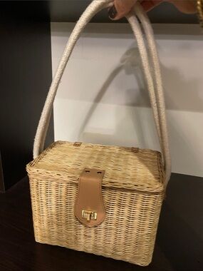Woven Straw Tote Box Bag with Tan Leather Accent